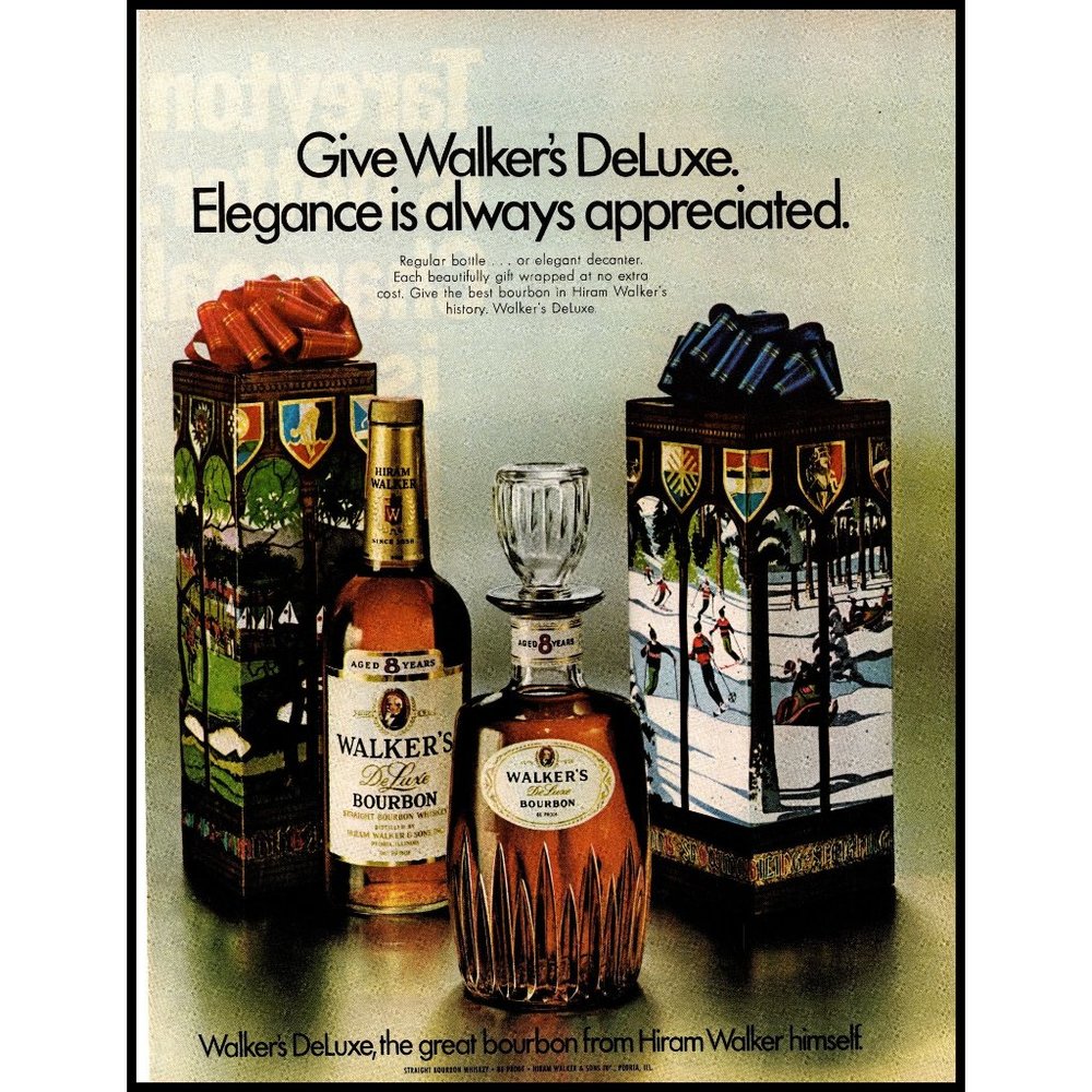 1970 Walker's Deluxe Bourbon Christmas Gift Box Decanter Vintage Print Ad Photo